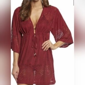 Deep Red V-neck three-quarter sleeve cover-up dress with a drawstring waist